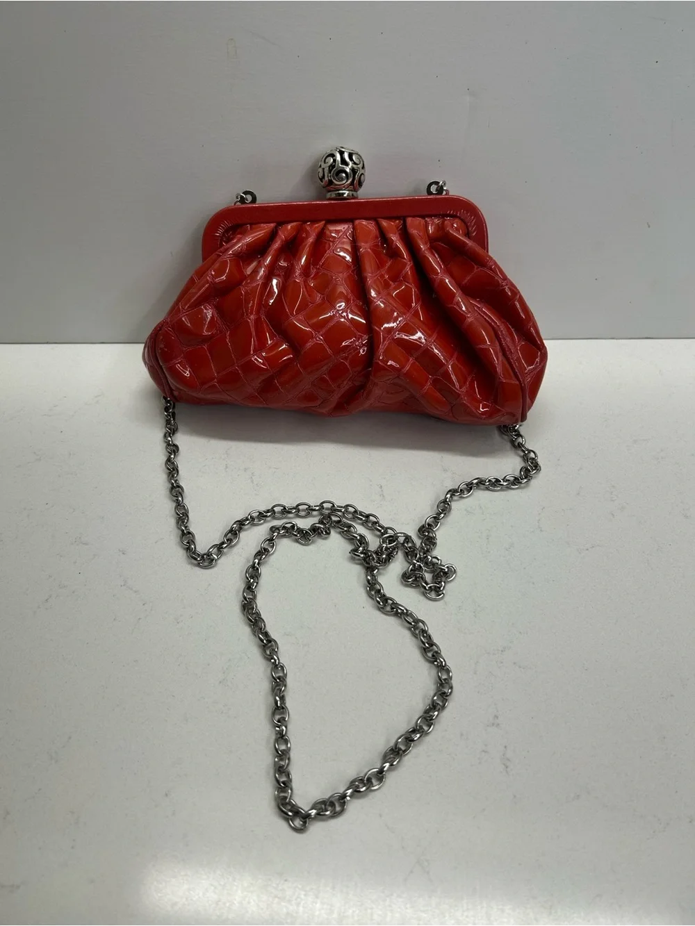 Brighton Red Patent Quilted Frame Clutch with Chain Strap